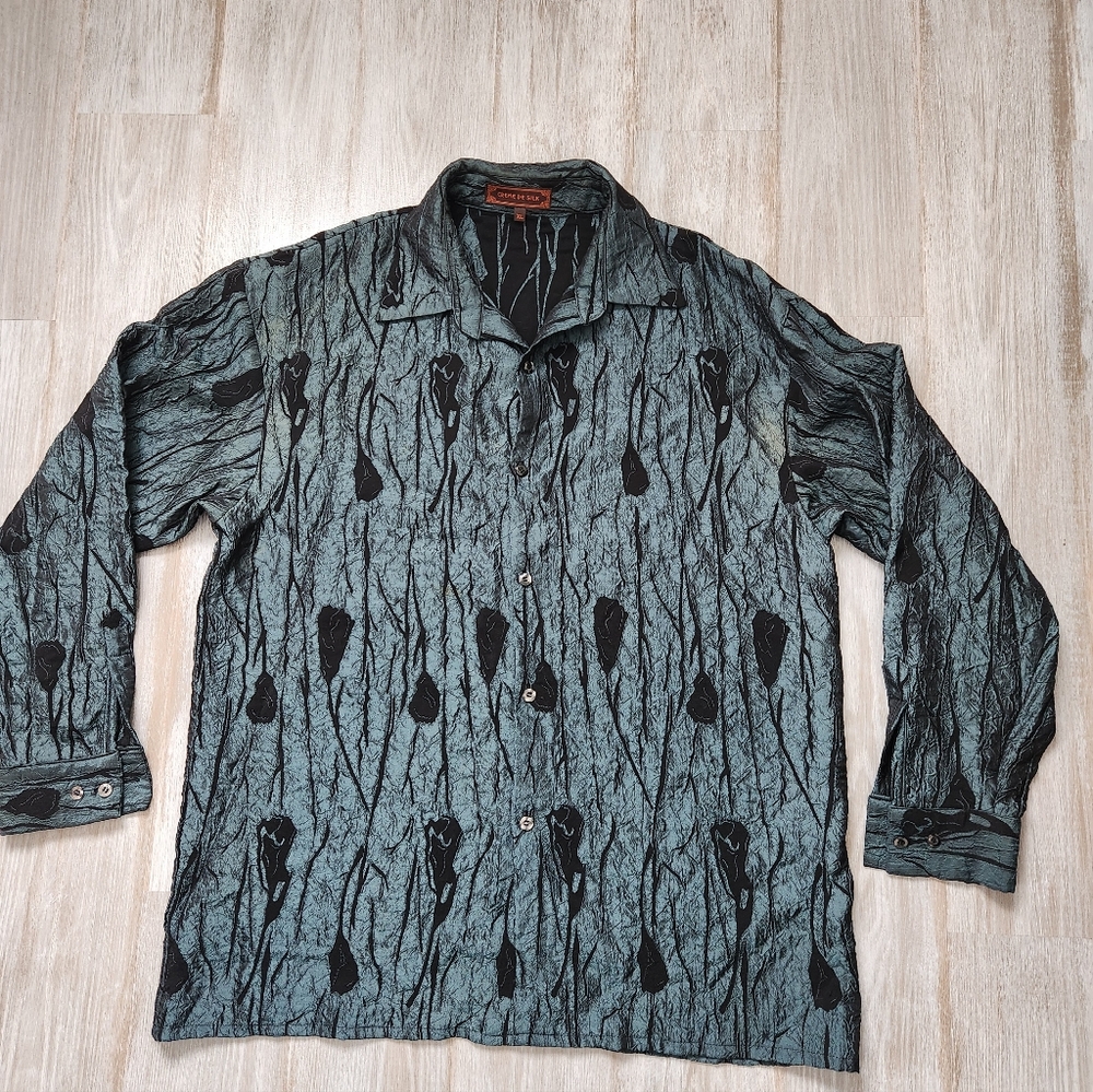 VTG Creme De Silk Crinkle Shirt Button Up Silk Blend Blue Black Floral Sz XL